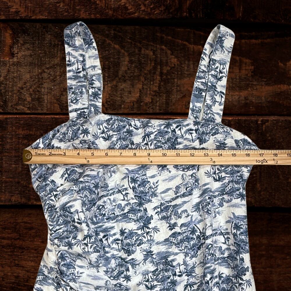Abercrombie & Fitch Linen Blend Ruched Squareneck Mini Dress Blue White Toile LP - Picture 6 of 8